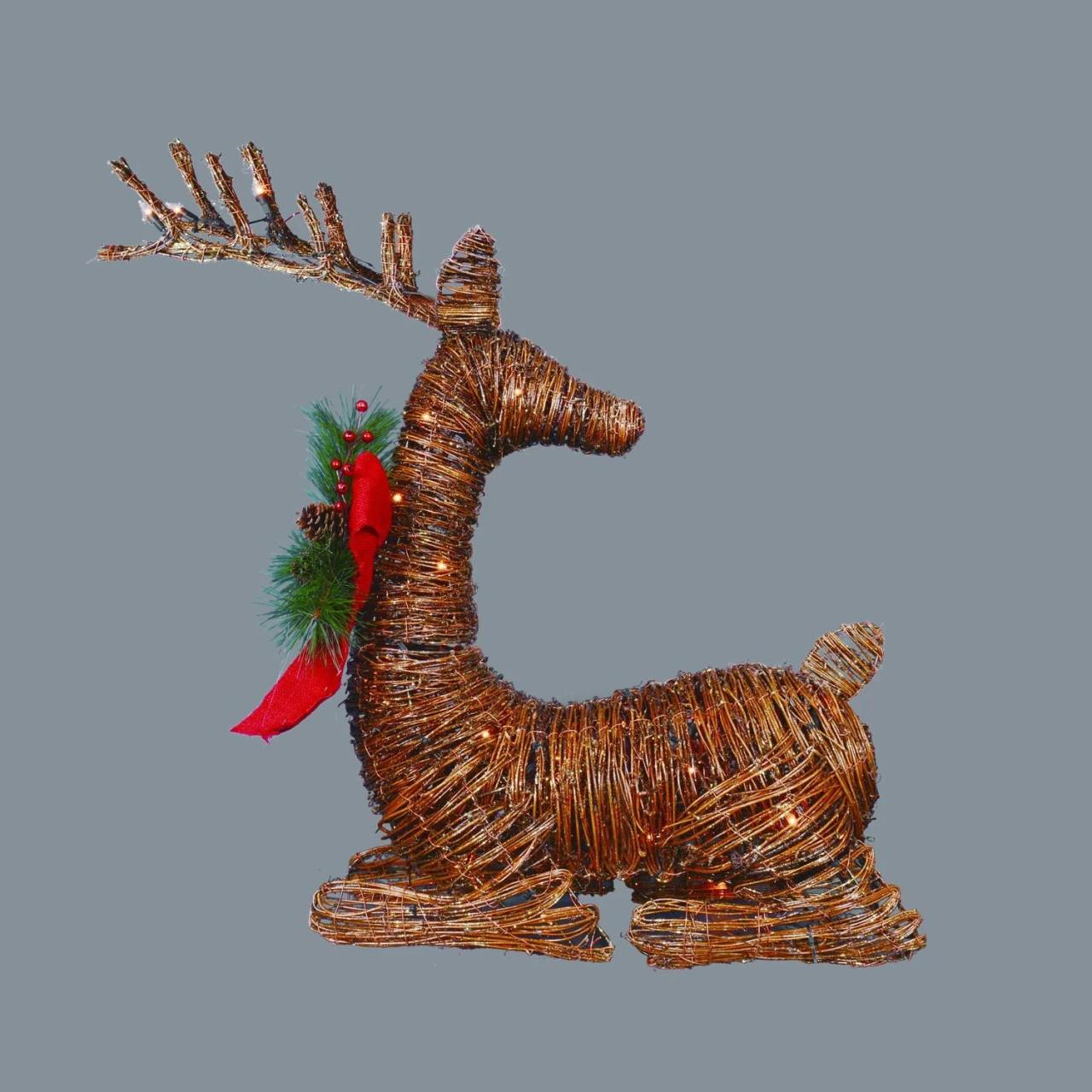 rattan christmas decorations outdoor 30" Lighted Rattan Reindeer with Red Bow and Pine Cones Christmas