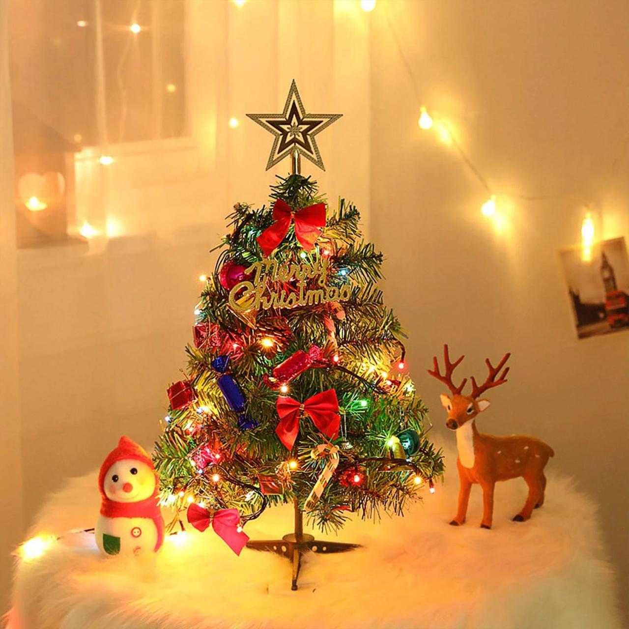 mini christmas tree decor Coolmade Small Christmas Tree with Lights, Mini Desktop Decoration Tree for Home Office Shopping