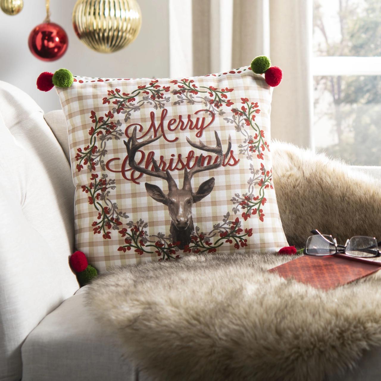 christmas decor throw pillows Safavieh Darton Merry Christmas Reindeer Decorative Throw Pillow, 18" x 18", Champagne/Red