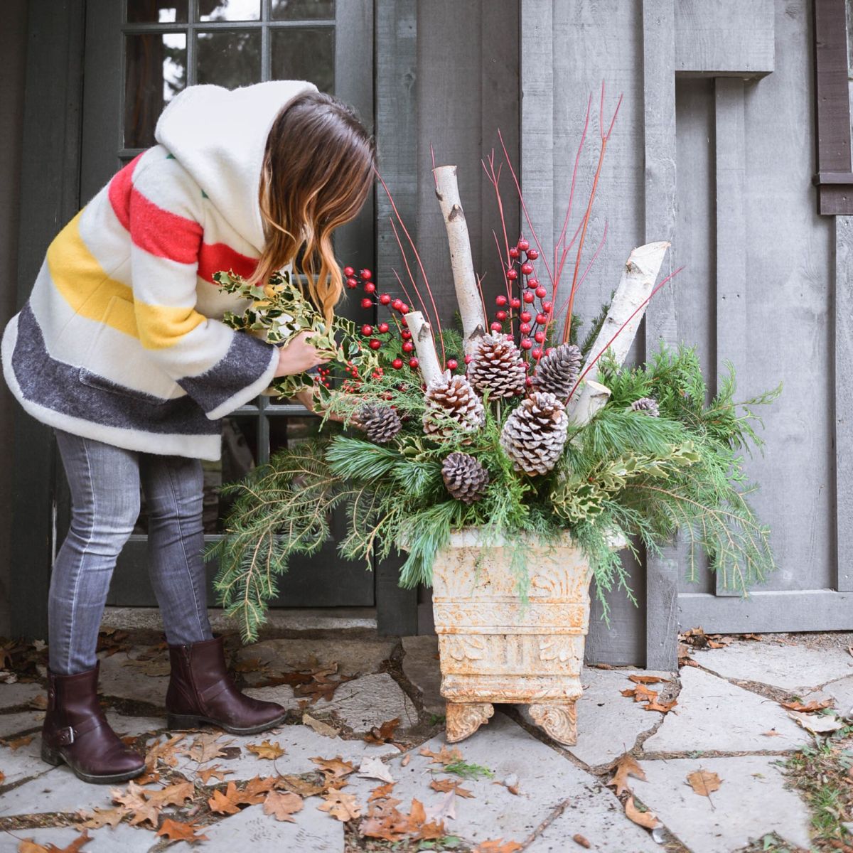 christmas decor for planters How to Make Outdoor Christmas Planters using Evergreen Boughs Threads & Blooms Outdoor