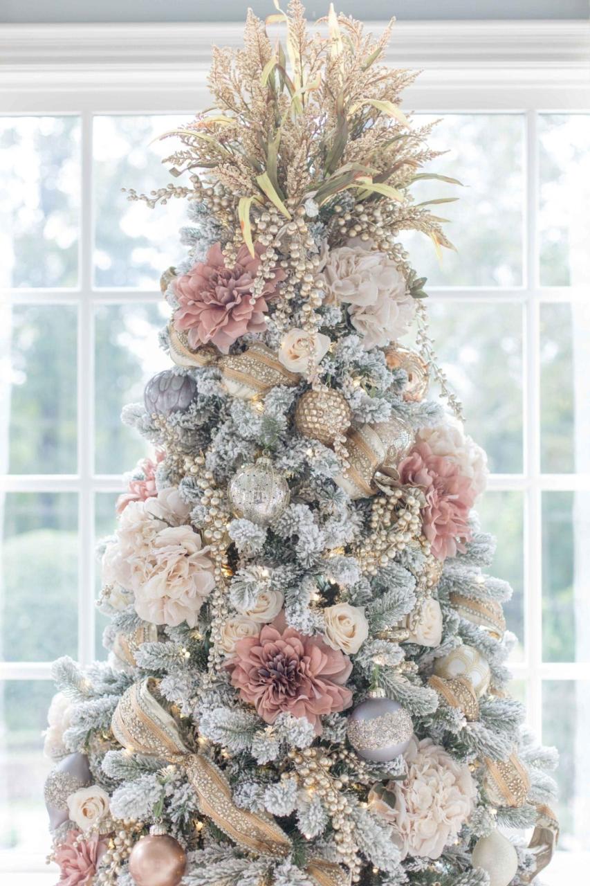 flower decor for christmas tree 6 Ideas for How to Decorate a Flocked Christmas Tree BlueGrayGal Elegant christmas trees