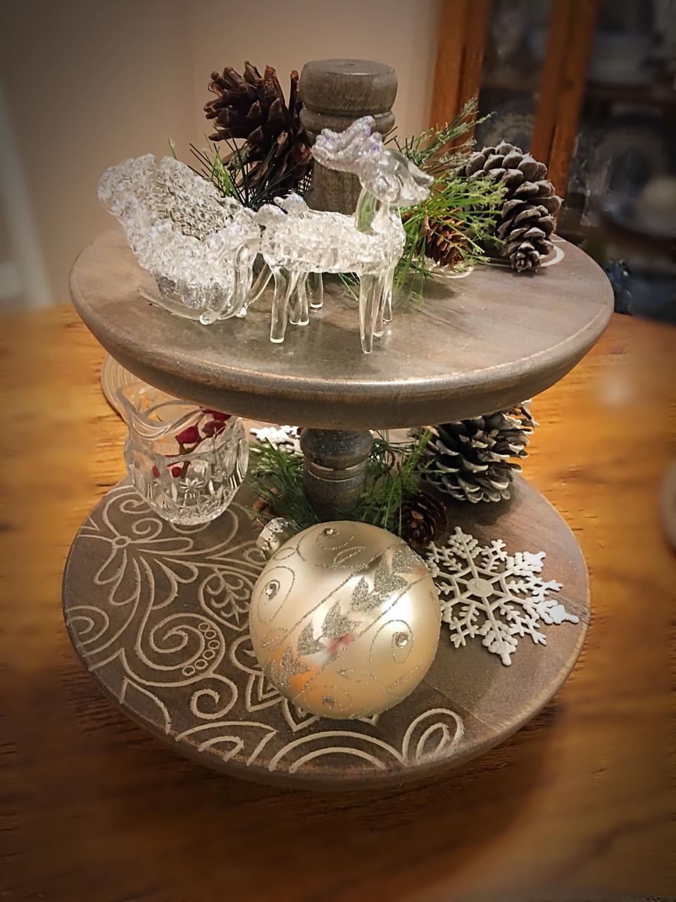 tiered tray christmas decor Twotier tray for the holidays Tiered Tray Diy, Tier Tray, Diy Cans, Winter Decor, Cake Stand