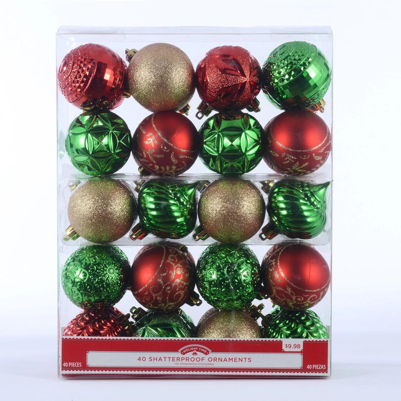 walmart christmas decorations indoor sale Holiday Time 40 Count Shatterproof Ornaments Red, Green & Gold