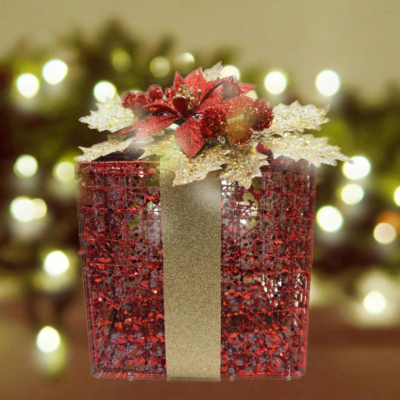 christmas gift boxes decor Holiday Time Glitter Wire Gift Box Decor, Red