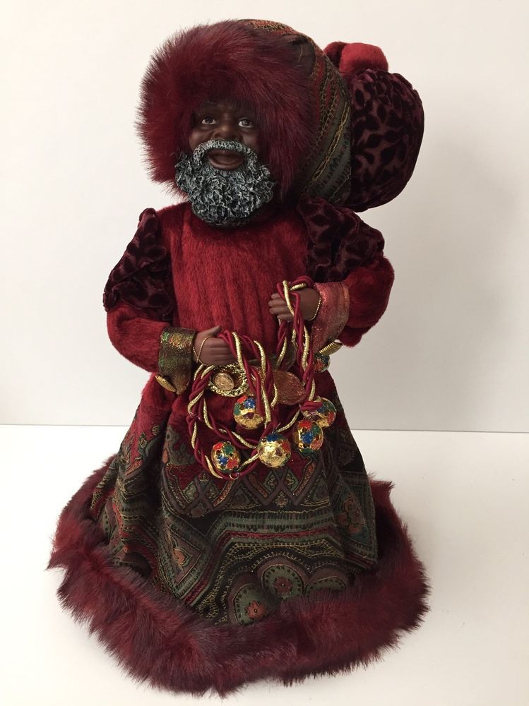 black santa christmas decor Bombay Co African American Black Santa Claus Xmas Tree Topper Maroon Tapestry Xmas tree