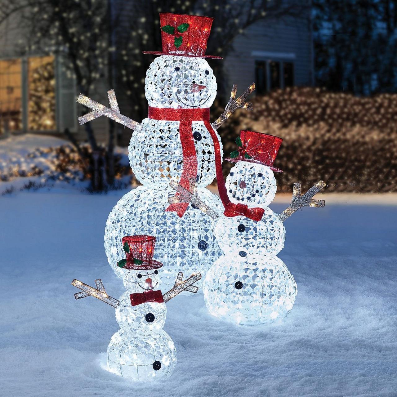 outdoor lighted christmas decor 3pc LED Christmas Holiday Lighted Random Twinkling Snowman Family Yard Decor — WholeStuff