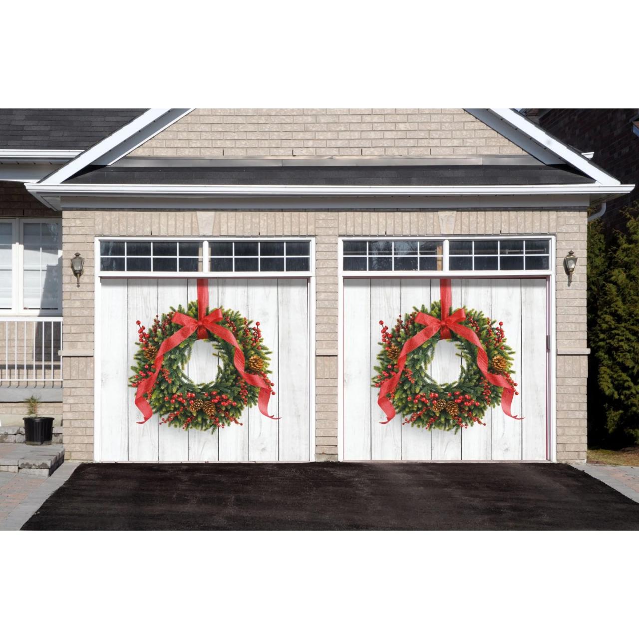 christmas decor for garage door 7' x 8' Green and Red Christmas Wreath Split Car Garage Door Banner