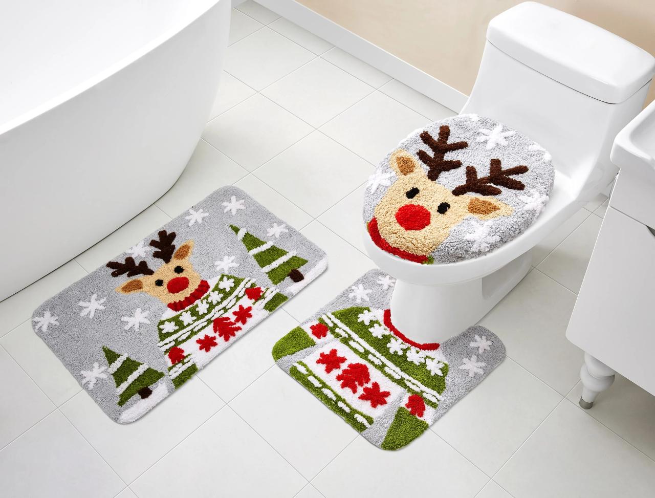 christmas bathroom decor walmart VCNY 3 Piece Christmas Reindeer Bath Rug Set