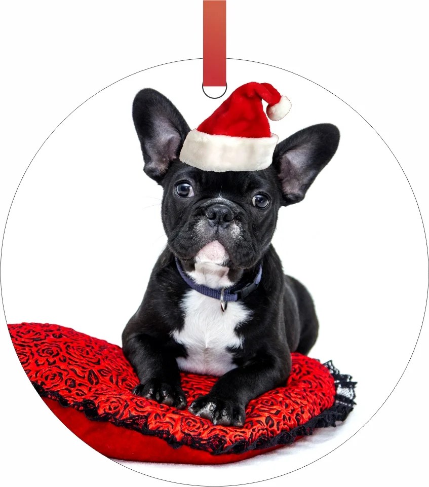 french bulldog christmas decor French Bulldog Puppy in a Santa Claus Hat Double Sided Flat Round Shaped Ornament Xmas Tree