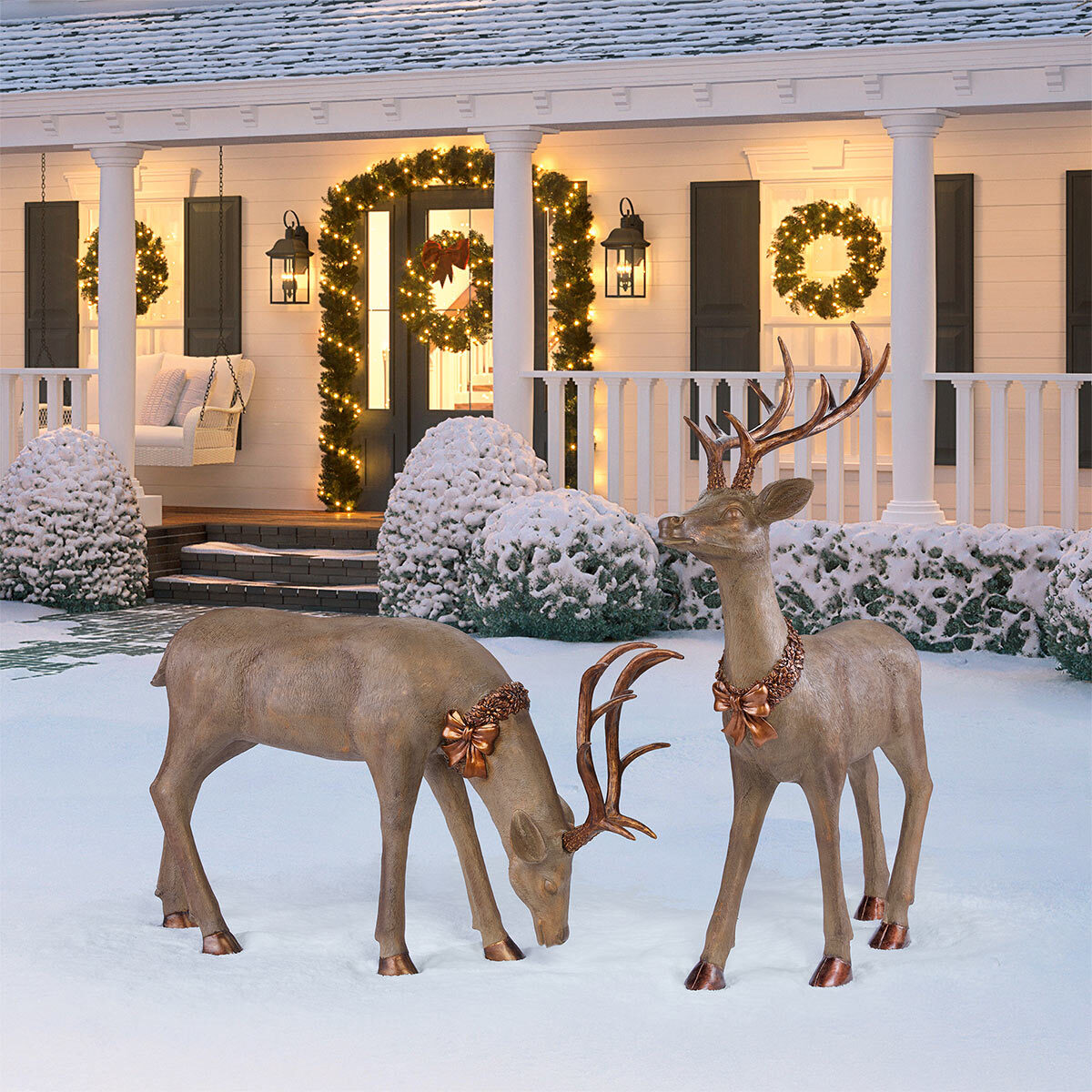 reindeer christmas decor outdoor 4ft 5 Inches (1.4 m) Set Of 2 Standing And Feeding Christmas Reindeer Costco UK