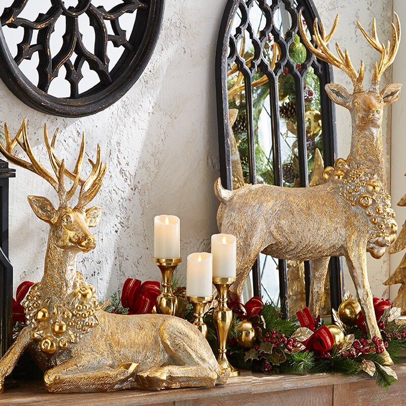 large christmas reindeer decor Raz Large Laying or Standing Gold Reindeer with Wreath Collar Gold reindeer, Christmas deer