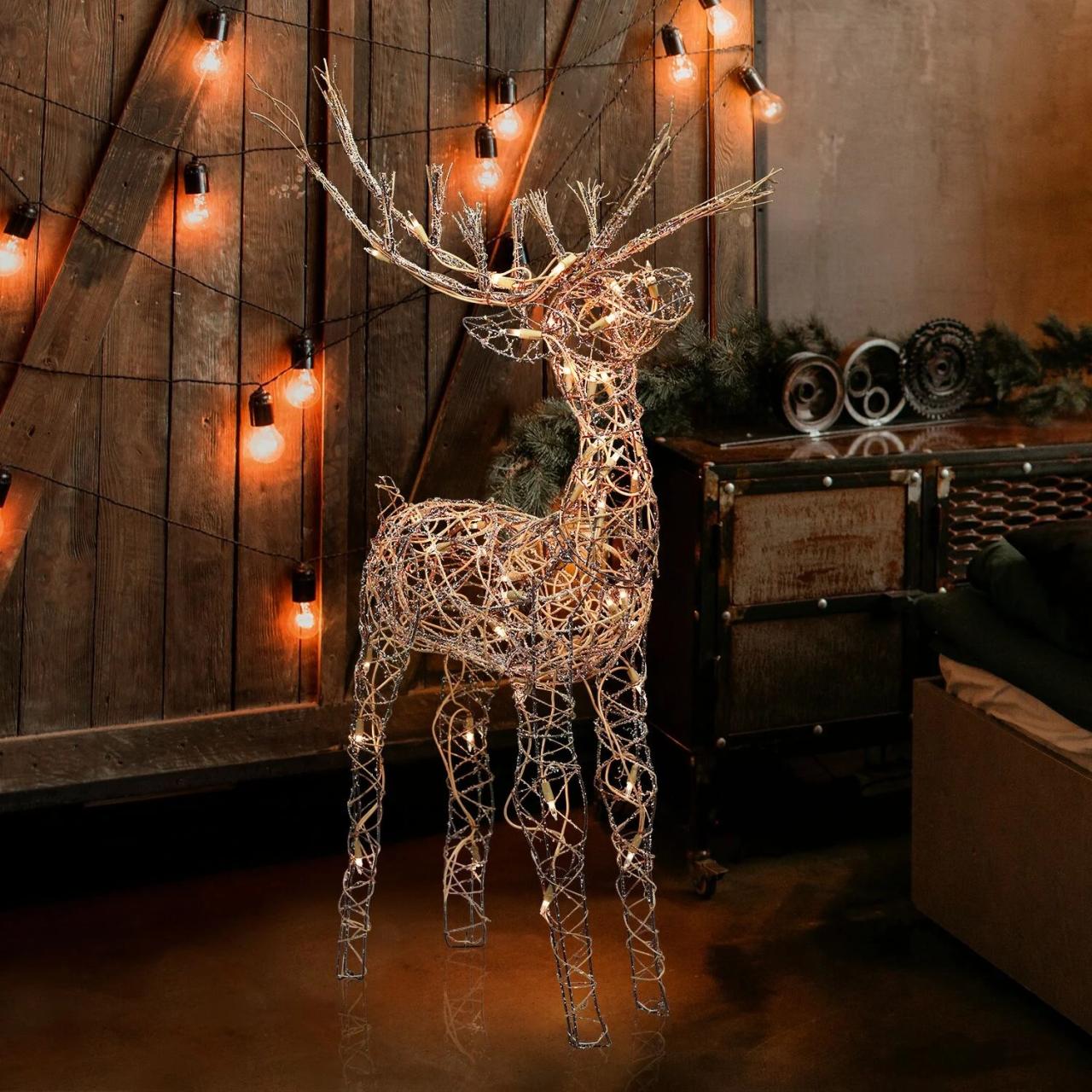 rattan christmas decorations outdoor Alpine Corporation Outdoor Holiday Rattan Reindeer with Halogen Lights