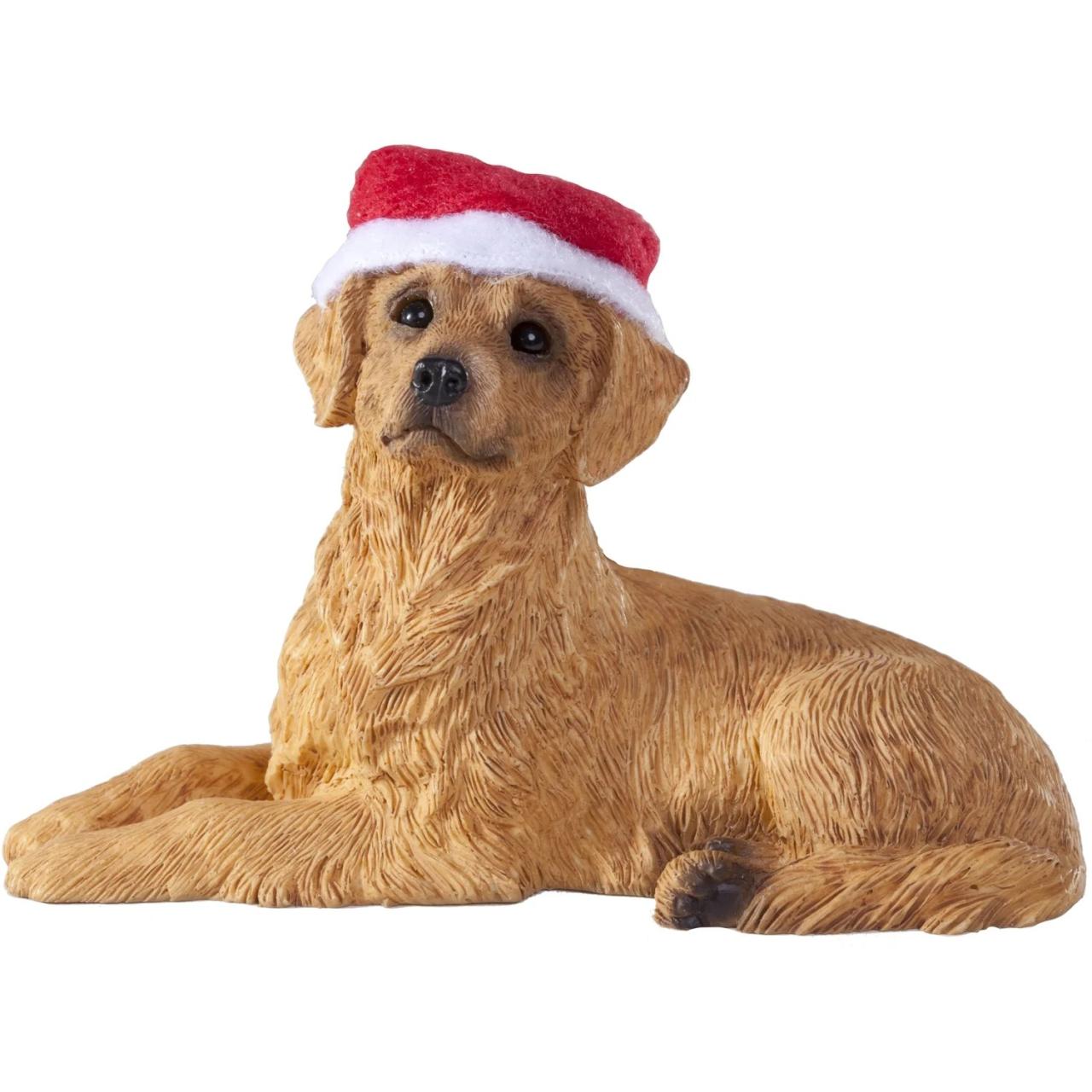 christmas golden retriever decor Sandicast Lying Golden Retriever with Santa's Hat Christmas Dog