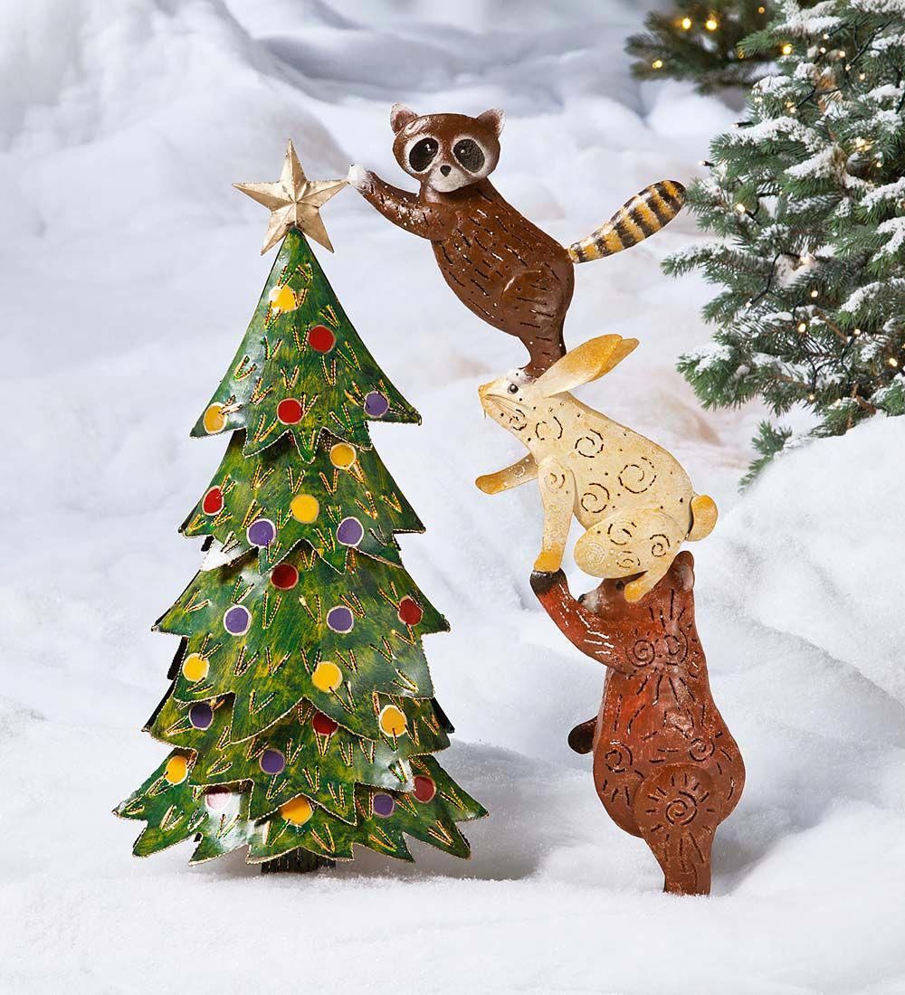 woodland creatures christmas decor Forest Animal Christmas Tree in Metal Yard Sculpture 