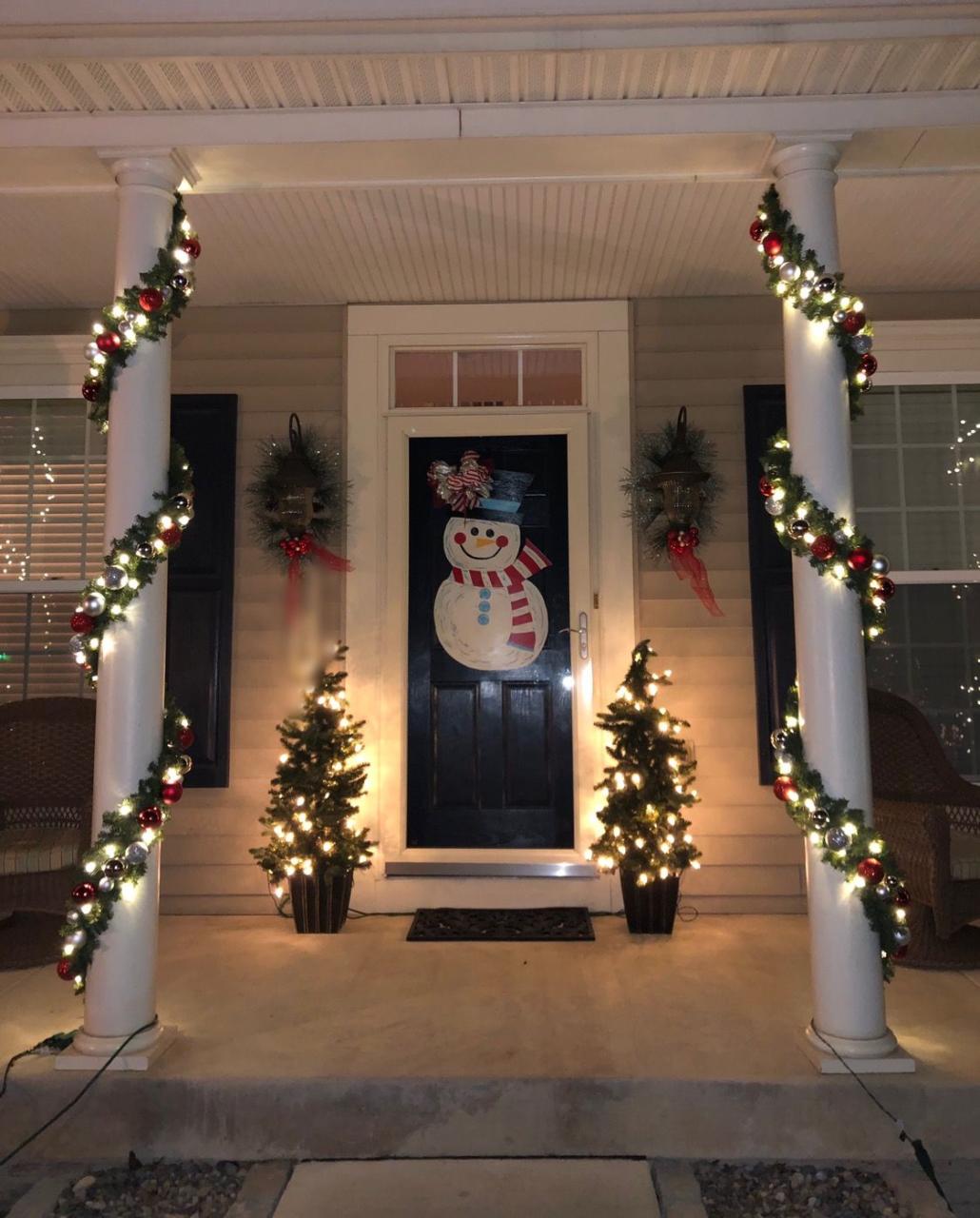 christmas decor for pillars Front Porch Column Christmas Garlands with white lights & red & silver ornament… Front porch