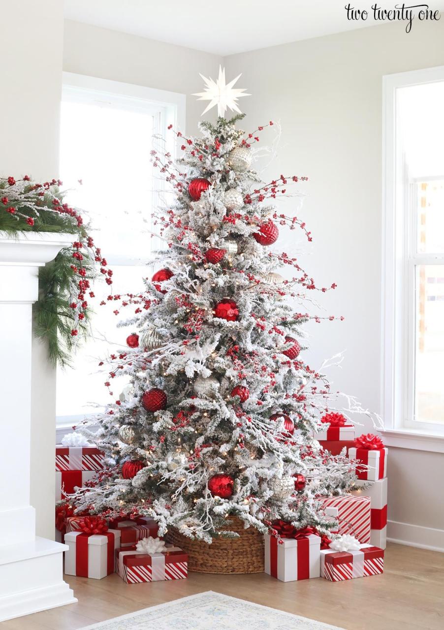 white and red christmas tree decor "Step into the holiday spirit with our stunning flocked Christmas tree!"