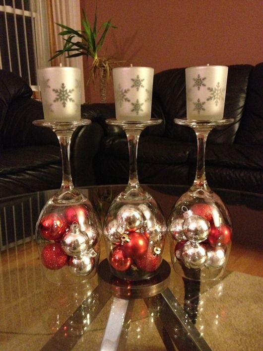 christmas decoration ideas with wine glasses DIY Upside Down Wine Glasses with Small Christmas Ornaments and Candles