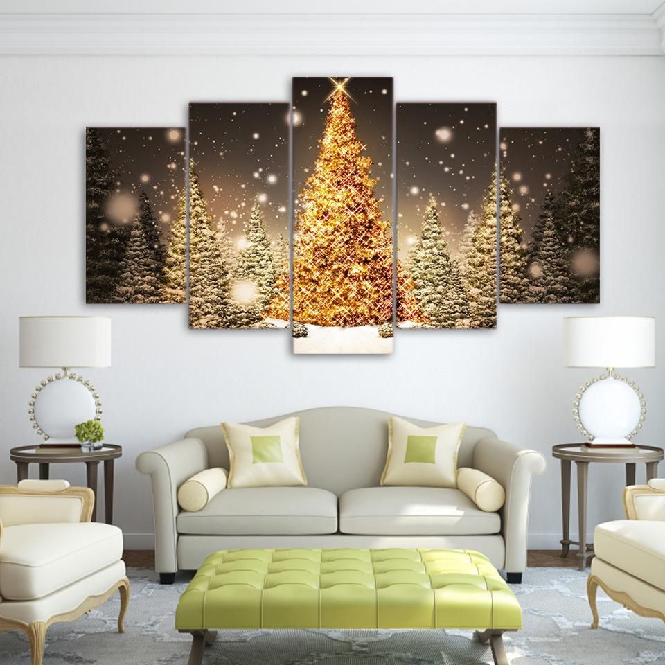 christmas large wall decor Golden Christmas Trees Snow and Lights Picture Wall Art Print Home Decor Kunst poster