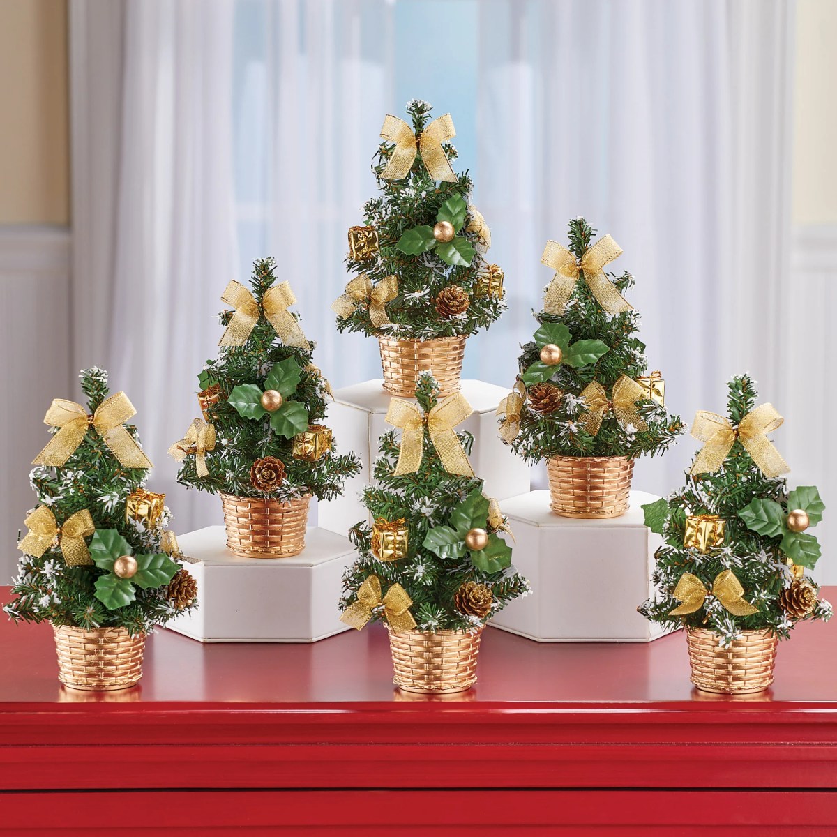 mini christmas tree decor Festive Mini Gold Christmas Trees Set of 6 Collections Etc.