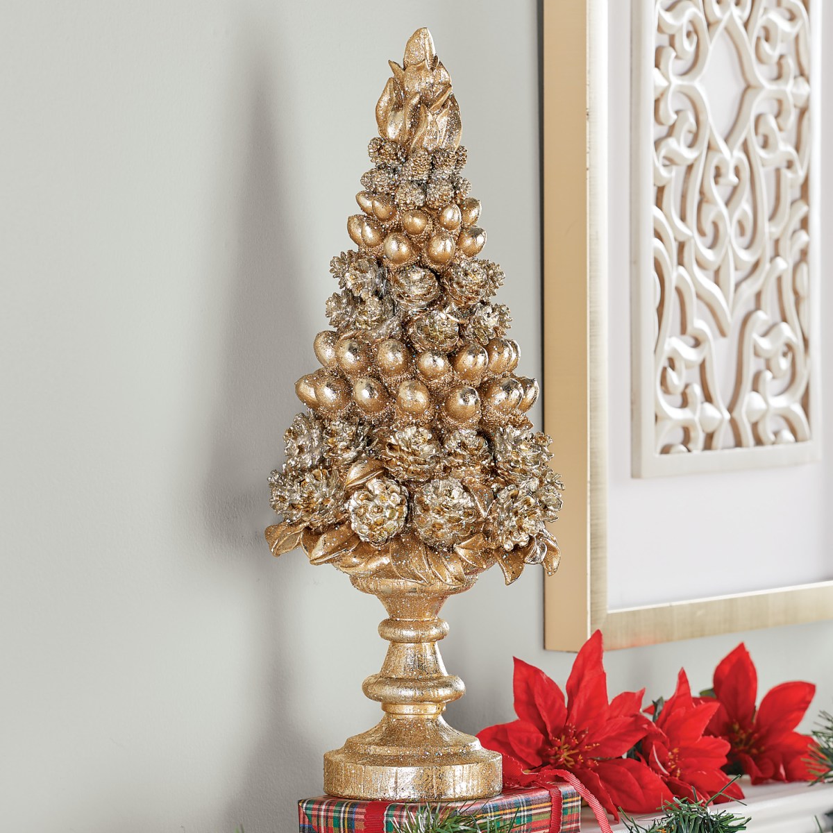 gold christmas tabletop decor Sparkling Golden Holiday Tabletop Tree on Stand Collections Etc.