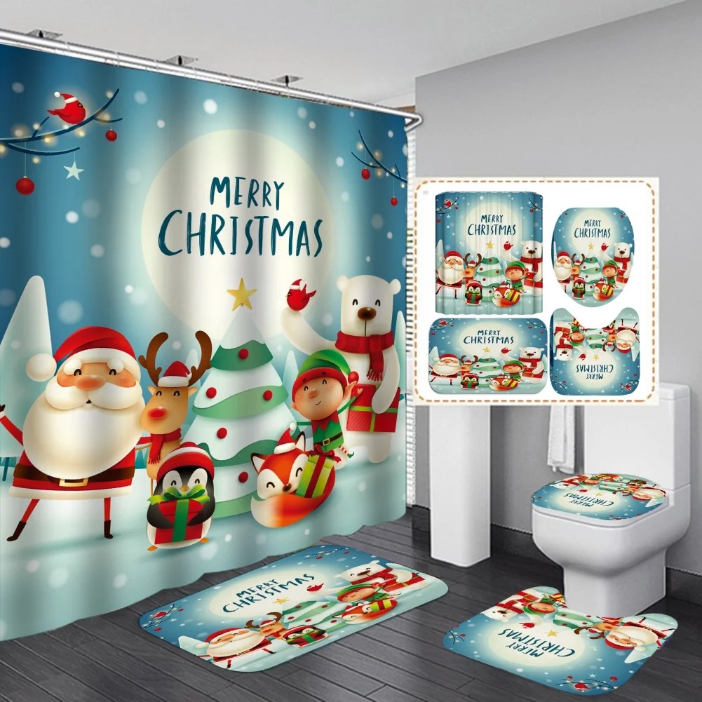 christmas bathroom decor walmart 4pcs Merry Christmas Shower Curtains Set with Bath Rug, Toilet Rugs Lid Cover.Santa Reindeer