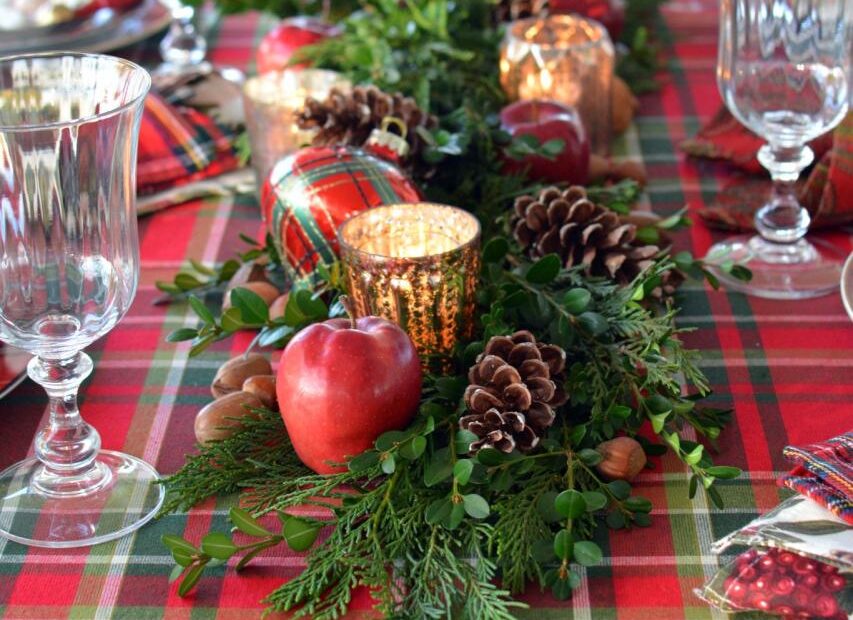 table top decor for christmas Plaid Tidings A Christmas Table with St. Nick and A Natural Evergreen Table Runner Christmas