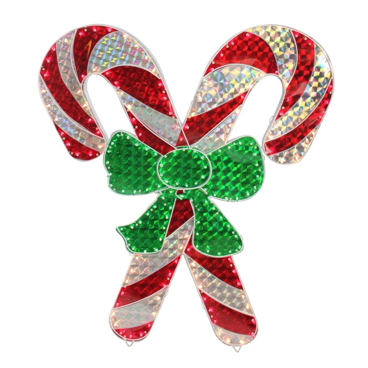 candy cane christmas decor outside 48" Holographic Lighted Double Candy Cane Christmas Outdoor Decoration