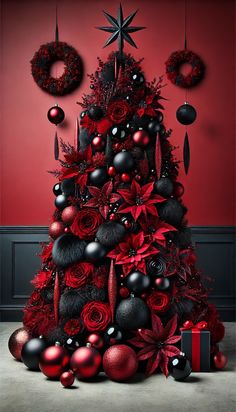 red and black christmas tree decor Midnight Red and Black Velvet Christmas Tree Inspiration en 2024 Noel