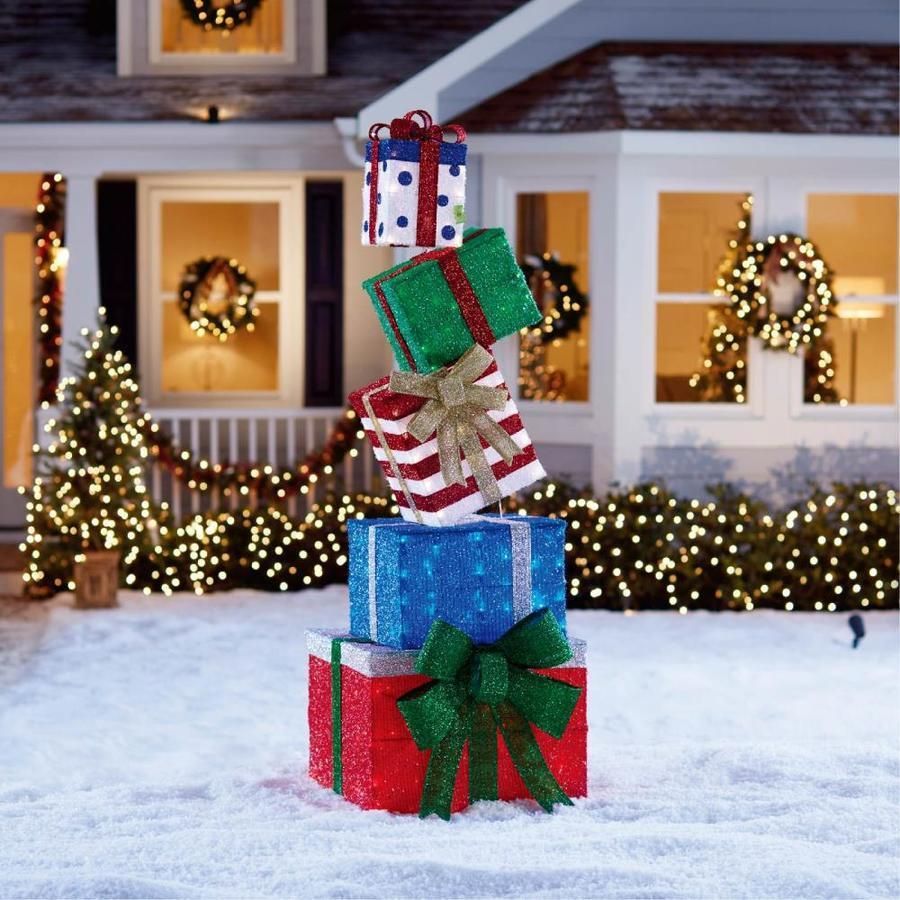 christmas gift box outdoor decor Lighted tower of gifts for indoor or outdoor scenery. eBay! Outdoor christmas, Christmas