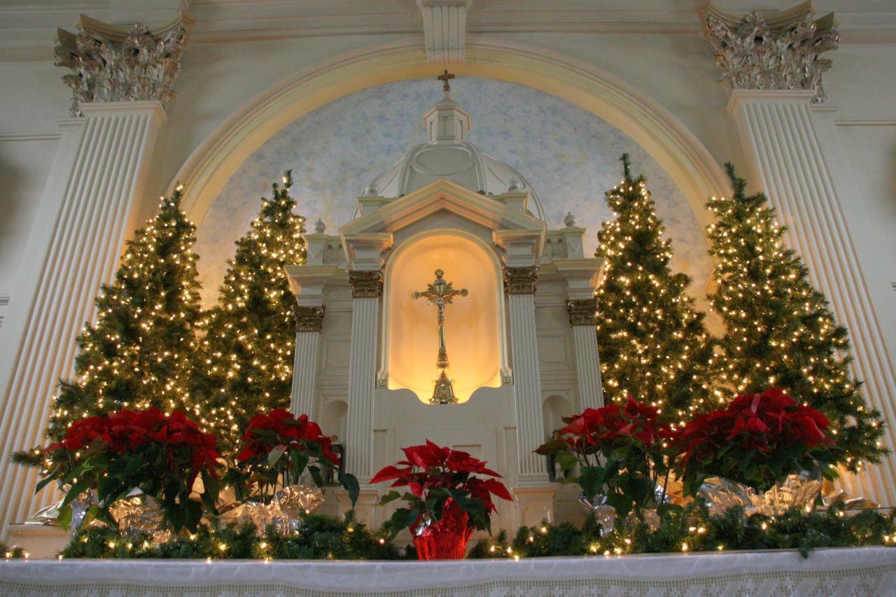 christmas decorations inside the church St. Dominic's Catholic Church at Christmas. Benicia,CA Christmas