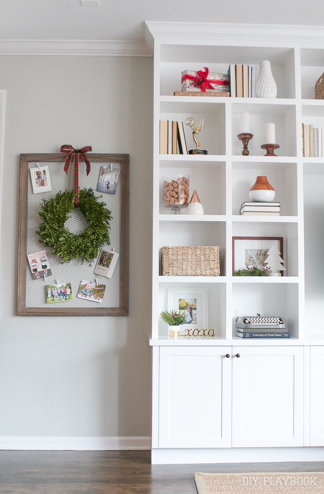 christmas decor for shelves How to Decorate your BuiltIn Shelves for the Holiday Season Decorating built in shelves