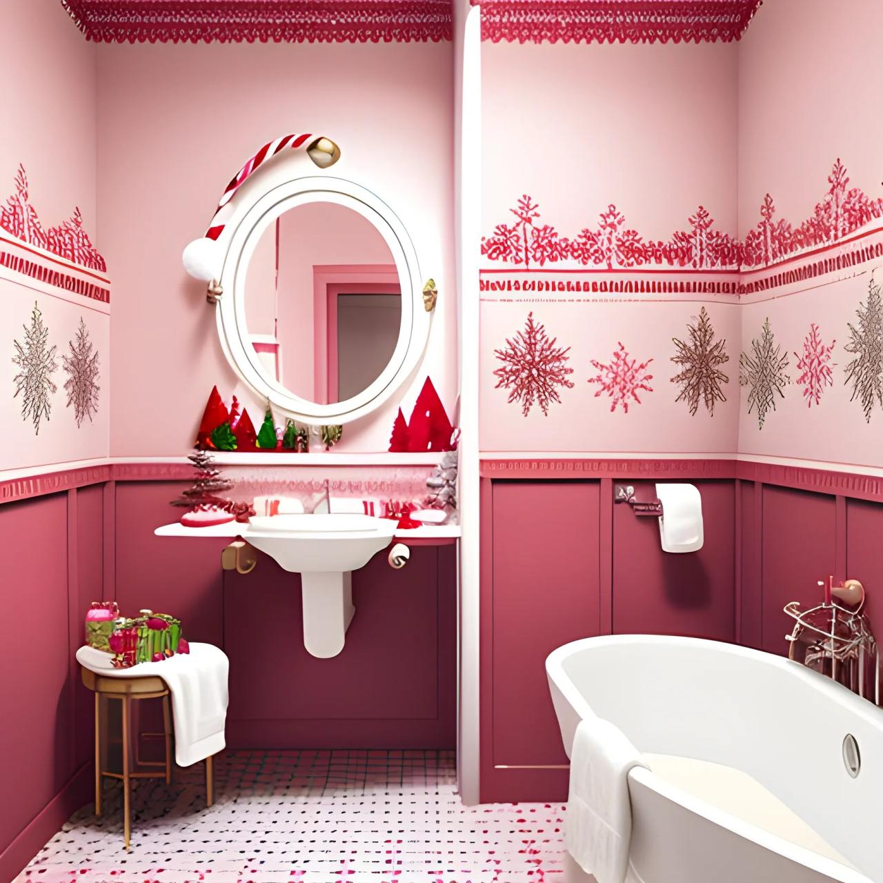 pink christmas bathroom decor Liminal space tilted pink bathroom with christmas decorations Arthub.ai