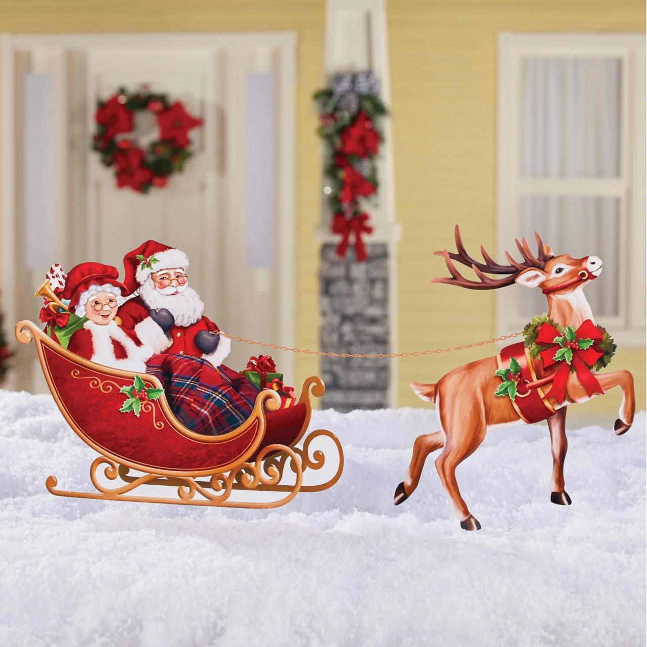 outdoor christmas decorations reindeer and sleigh Santa Sleigh and Reindeer Metal Yard Stake Set Outdoor Holiday