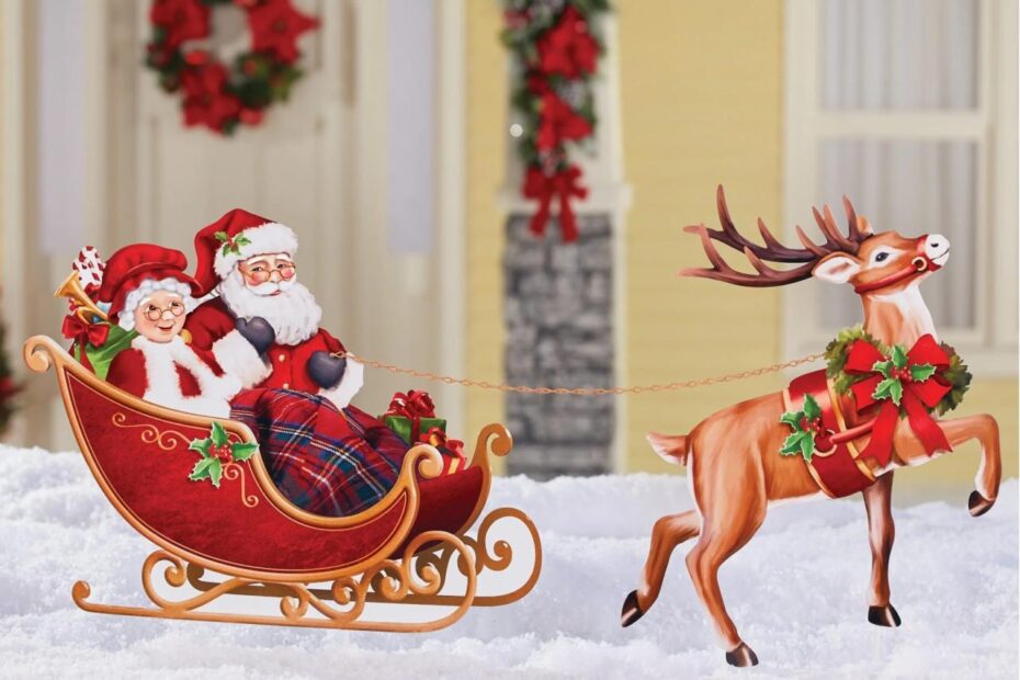 metal christmas yard decor Santa Sleigh and Reindeer Metal Yard Stake Set Outdoor Holiday