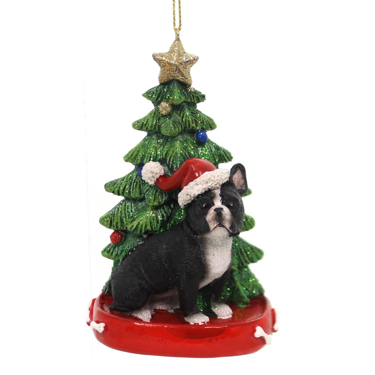 french bulldog christmas decor Holiday Ornaments DOG WITH TREE ORNAMENT Gold Star C7954 French Bulldog Dog ornaments