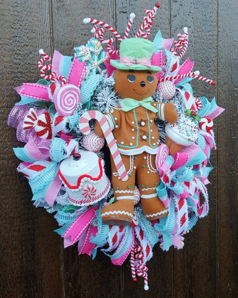 pink gingerbread christmas decor Pink Gingerbread Man Wreath Christmas Wreath Holiday Front Etsy Gingerbread christmas decor