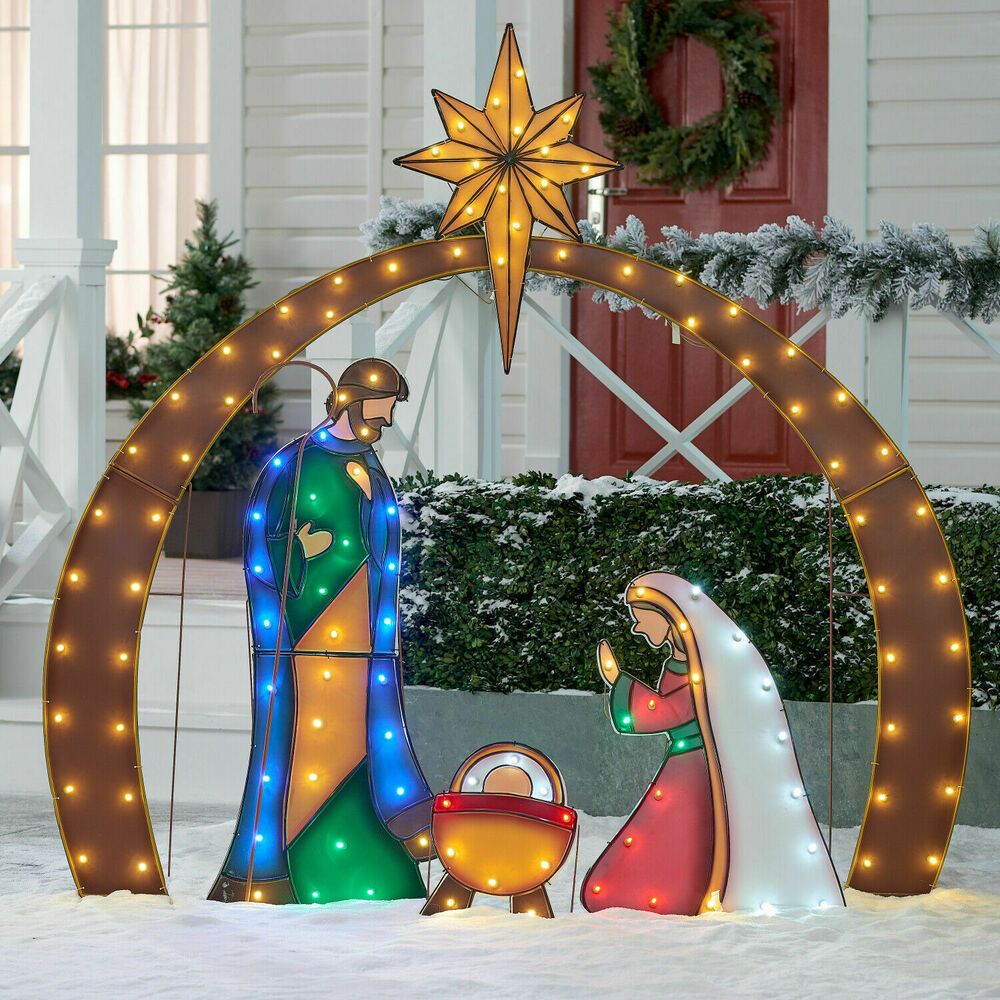 christmas lighted yard decor 4 Piece Christmas Lighted Outdoor Yard Nativity Scene Decoration Set LED Metal Holida