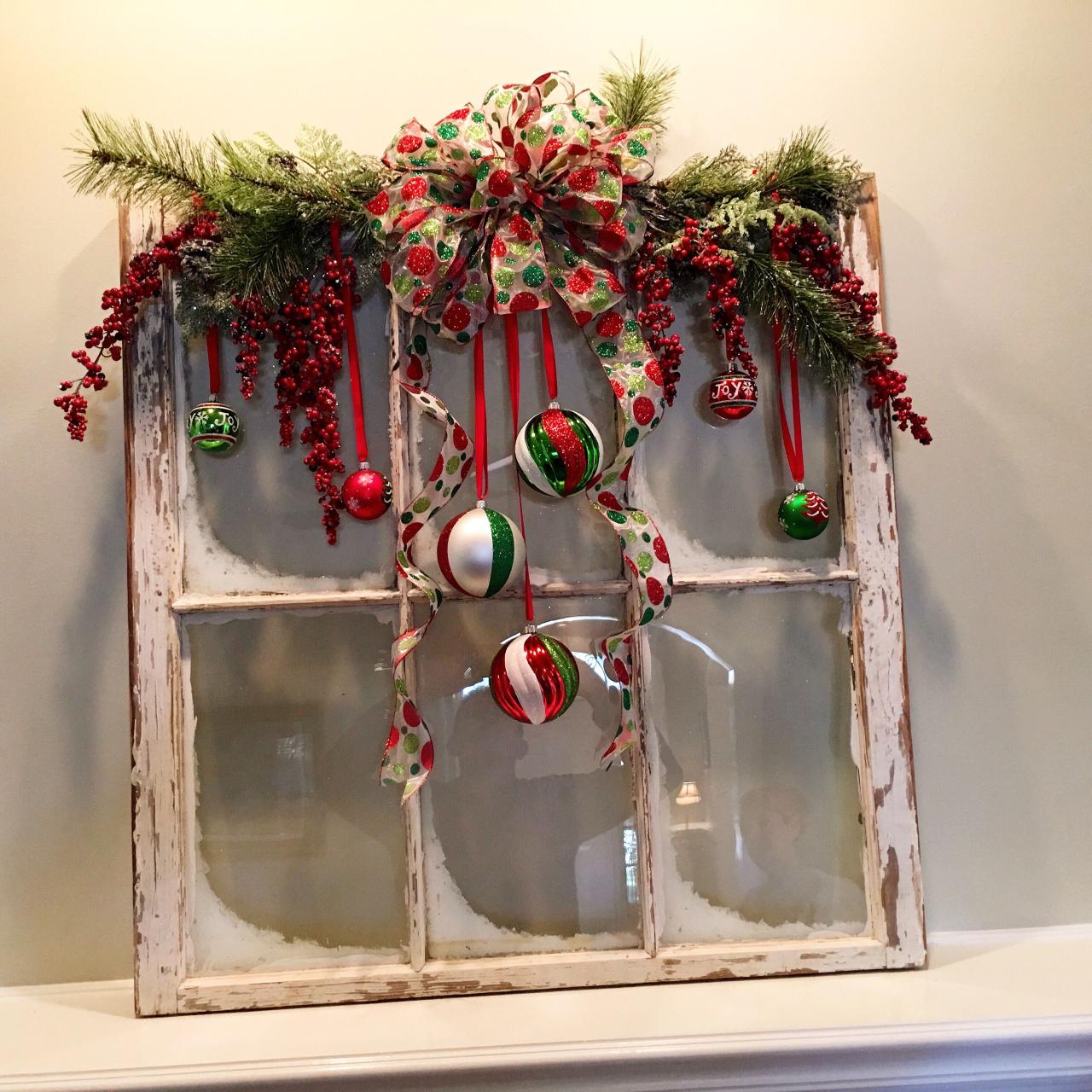 diy christmas window decor Christmas, DIY, vintage window, red and green, created by my husband. Diy christmas window