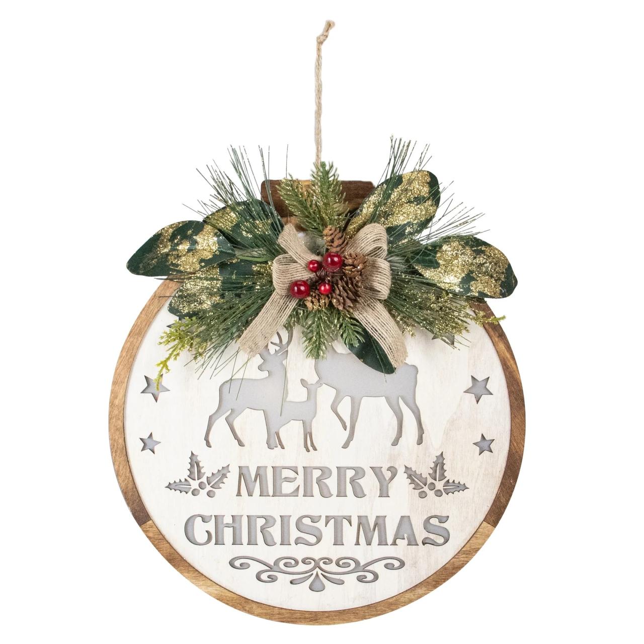 christmas wood wall decor 12" Lighted Wooden "Merry Christmas" Round Christmas Wall Decoration