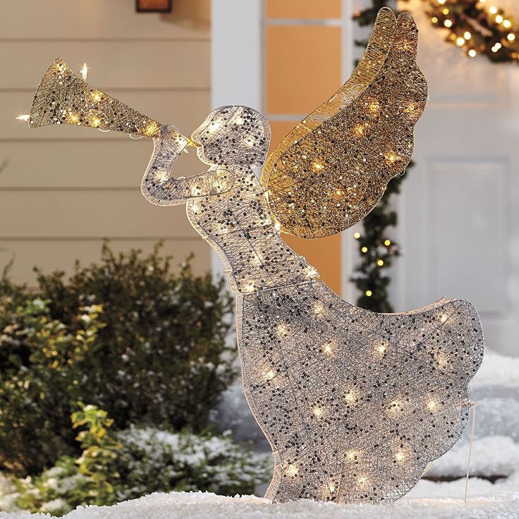 christmas outdoor decorations on amazon 48" Lighted Nativity Trumpet Gold Silver Sequin Angel Yard