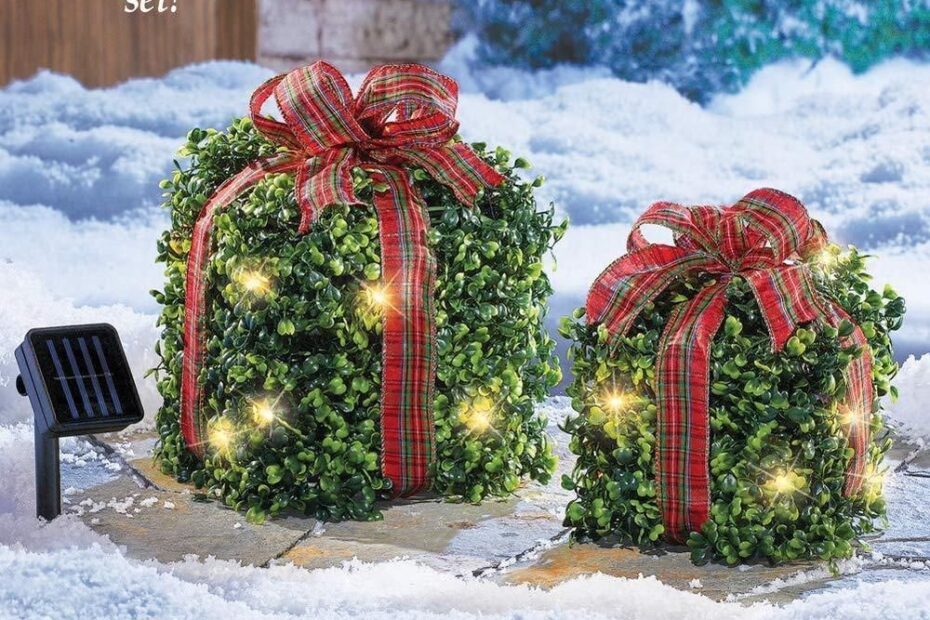 outdoor christmas decor solar Set of 2 Solar Lighted Outdoor Christmas Topiary Presents outdoor Decorations CollectionsEt