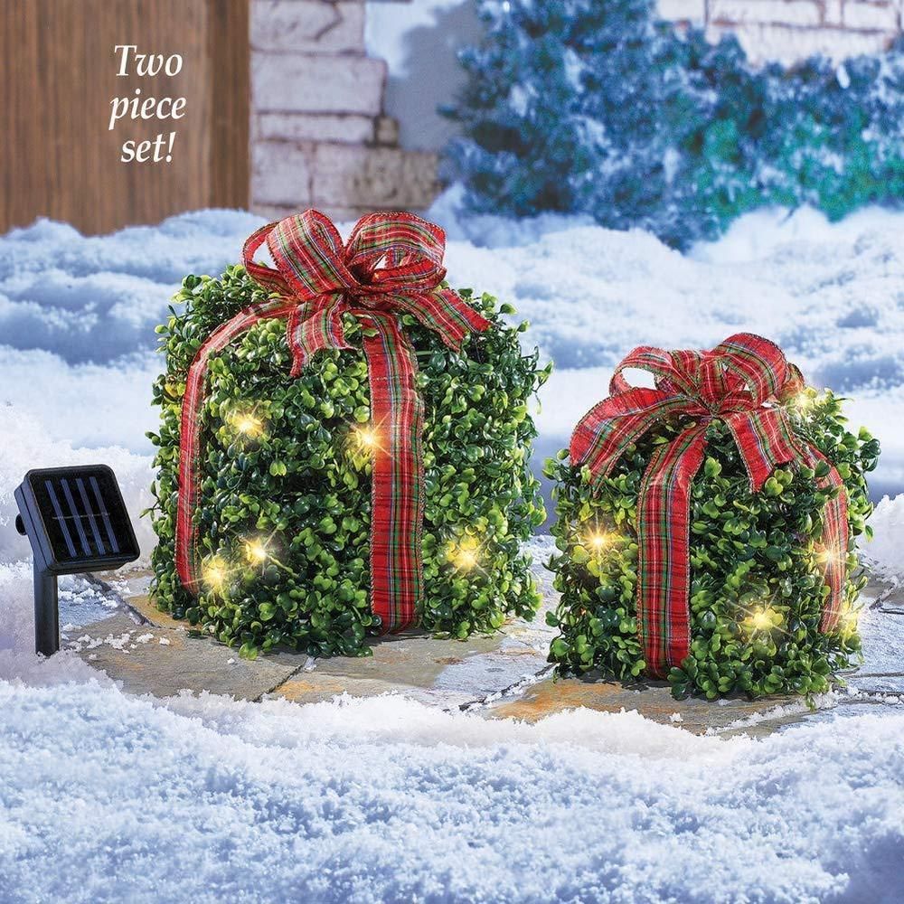 outdoor christmas decor solar Set of 2 Solar Lighted Outdoor Christmas Topiary Presents outdoor Decorations CollectionsEt