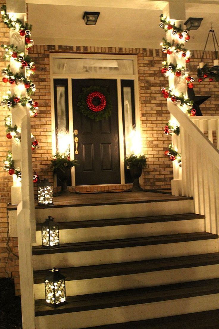 christmas decor for pillars Wrapped Pillars with LanternLit Steps Christmas porch decor, Decorating with christmas lights