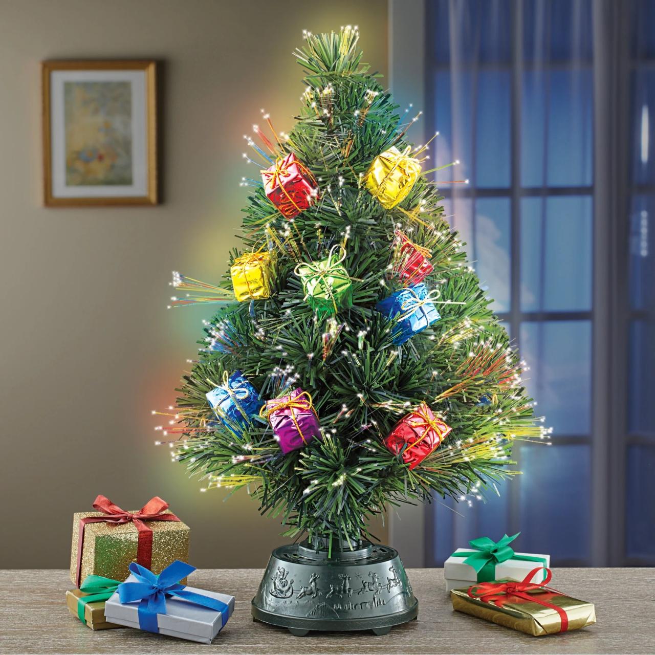 fiber optic christmas decor Rotating Tabletop Christmas Tree with Fiber Optic Lights, Gift Ornaments