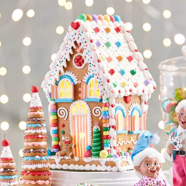 pastel gingerbread christmas decor Pastel Lighted Gingerbread House, Home for the Holidays Decorations Fancy Flours Gingerbread