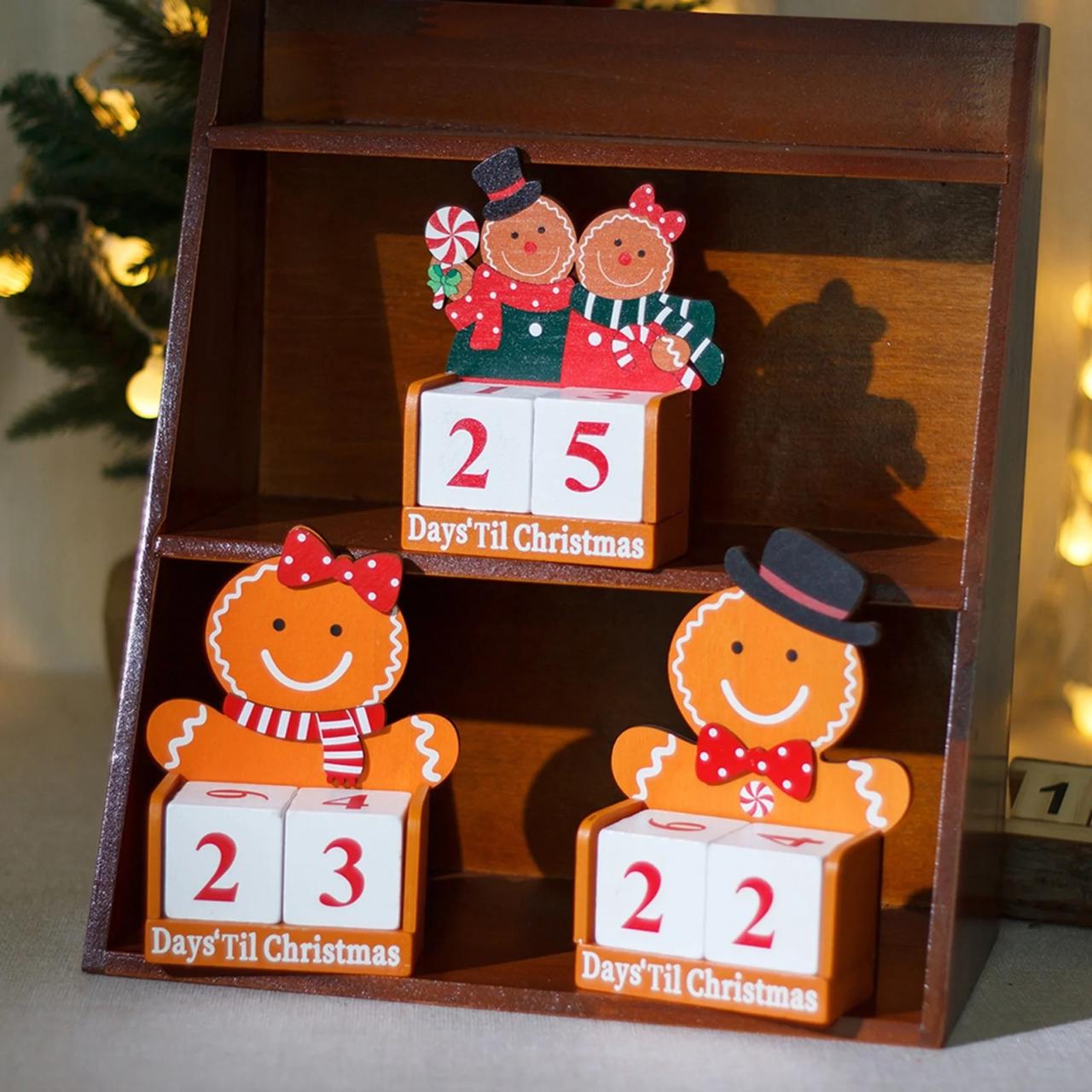 ginger bread christmas decor BigTiny Gingerbread Man Christmas Countdown Calendar Wooden Blocks Tabletop Ornament Holiday