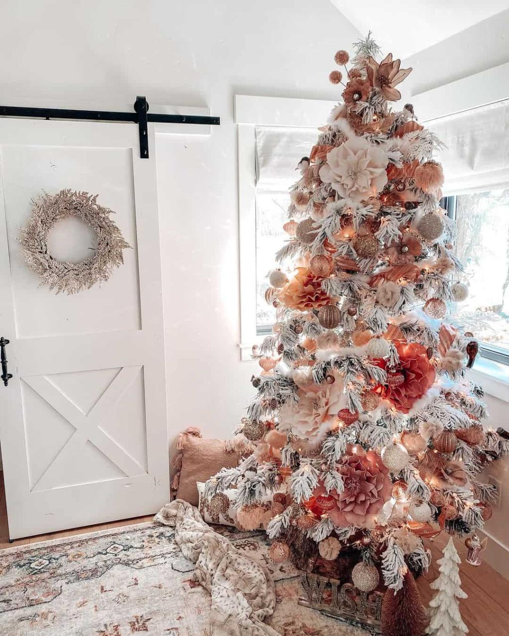 pink and white christmas decor Blush Pink Christmas Tree Decorations Near a White Barn Door Soul & Lane