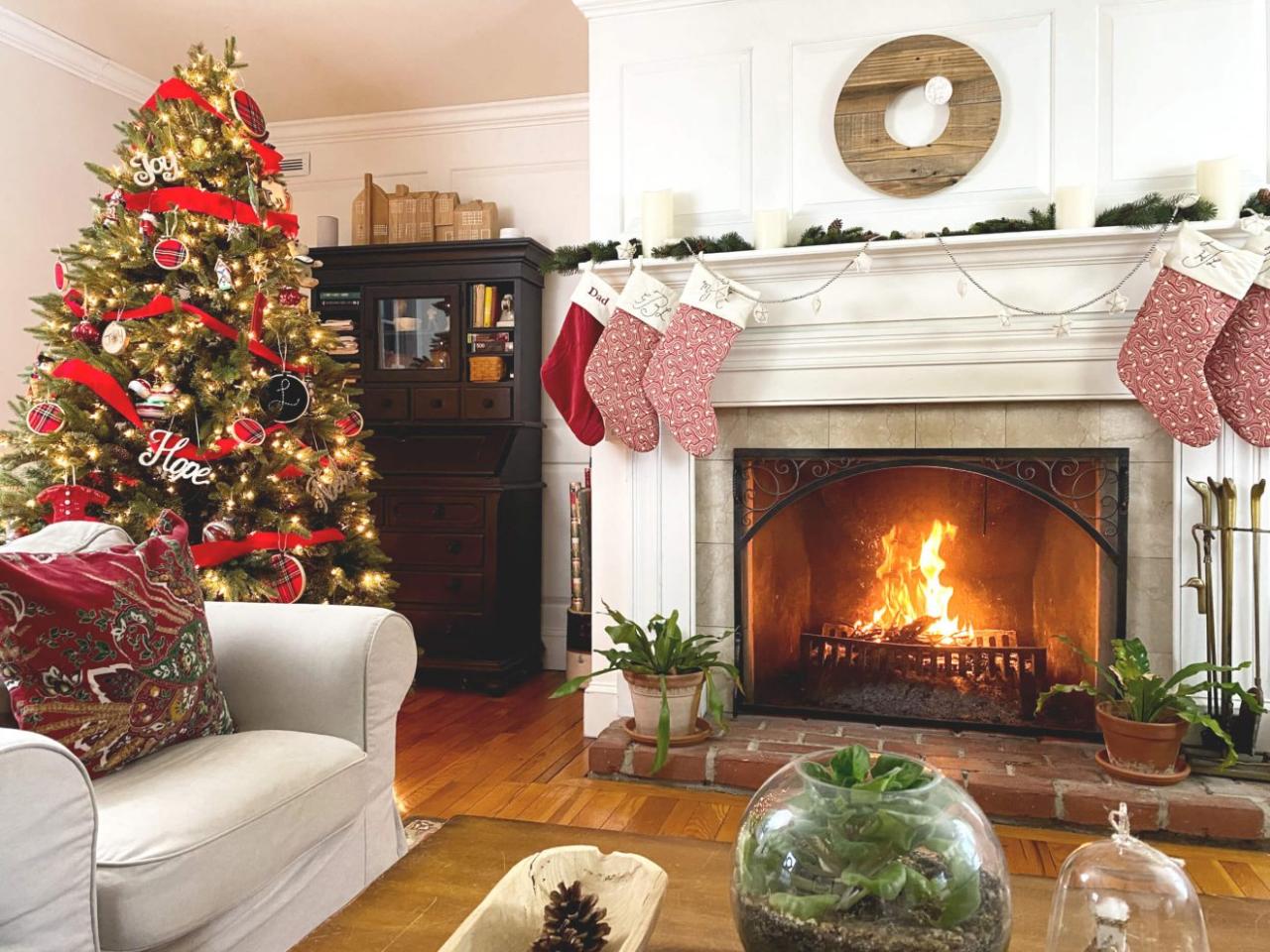 christmas fireplace decor with tv Farmhouse Red Christmas Fireplace Mantel Decor with Christmas Tree Ideas Lehman Lane