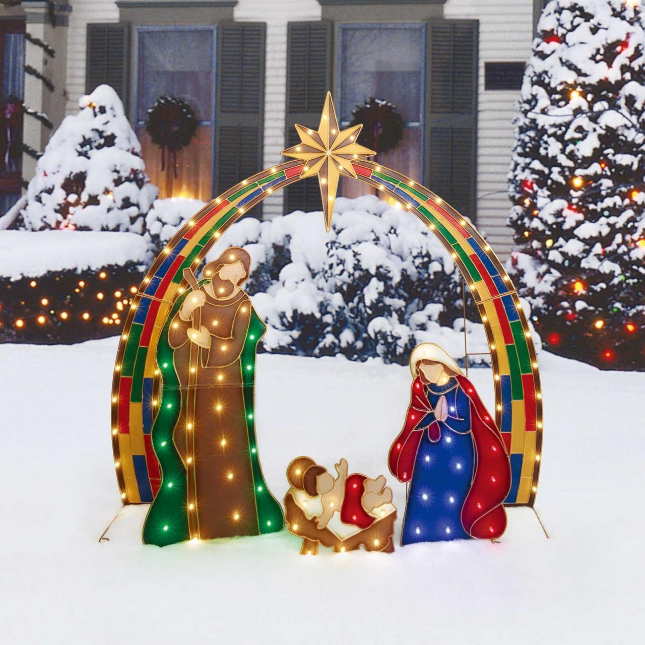 pre lit outdoor christmas decor Christmas Pre Lit Outdoor Xmas Decor Nativity Scene Birth Of Jesus LED Light Up Yard Decor