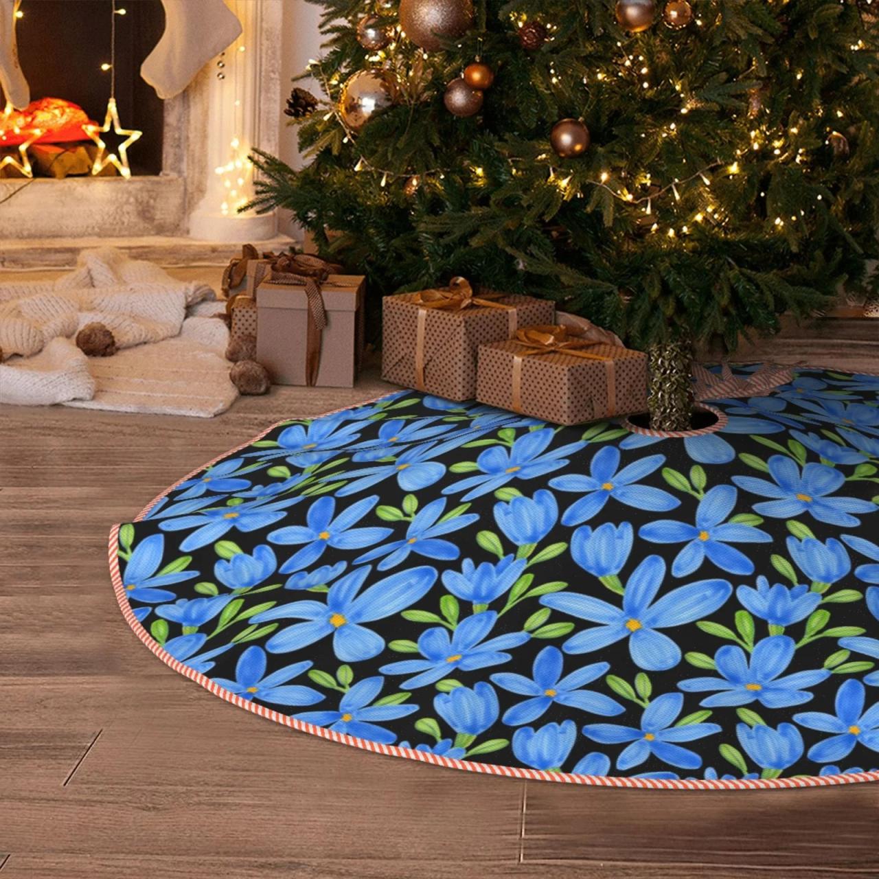 blue christmas tree decor Christmas Tree Skirt Blue Flowers Halloween Tree Skirt Winter Fall Tree Skirt for Christmas